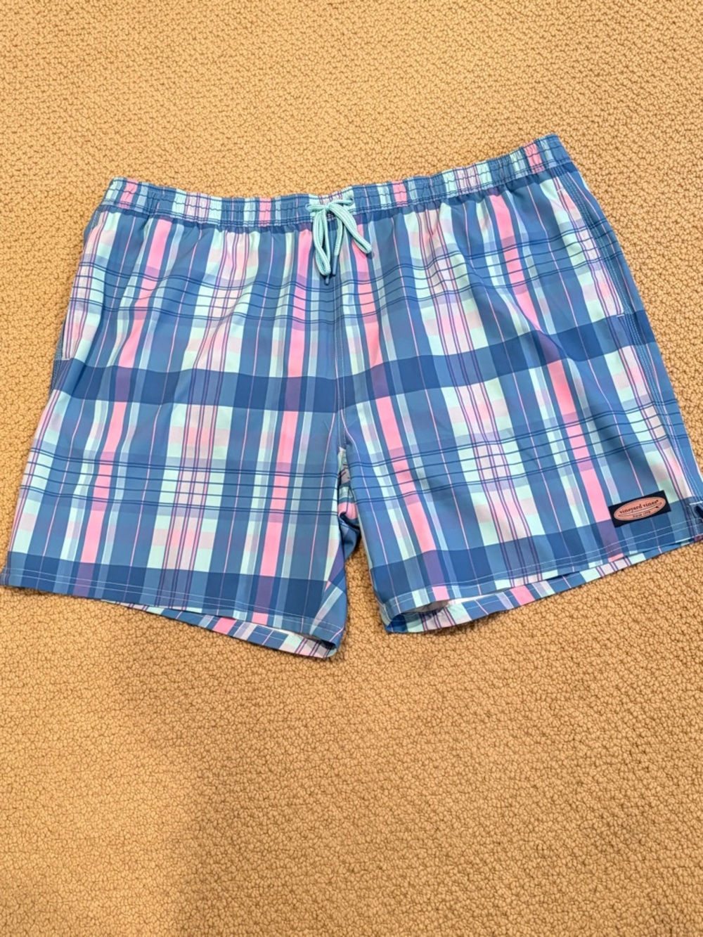 Vineyard Vines Blue Plaid Swim Trunks with Pink Accents